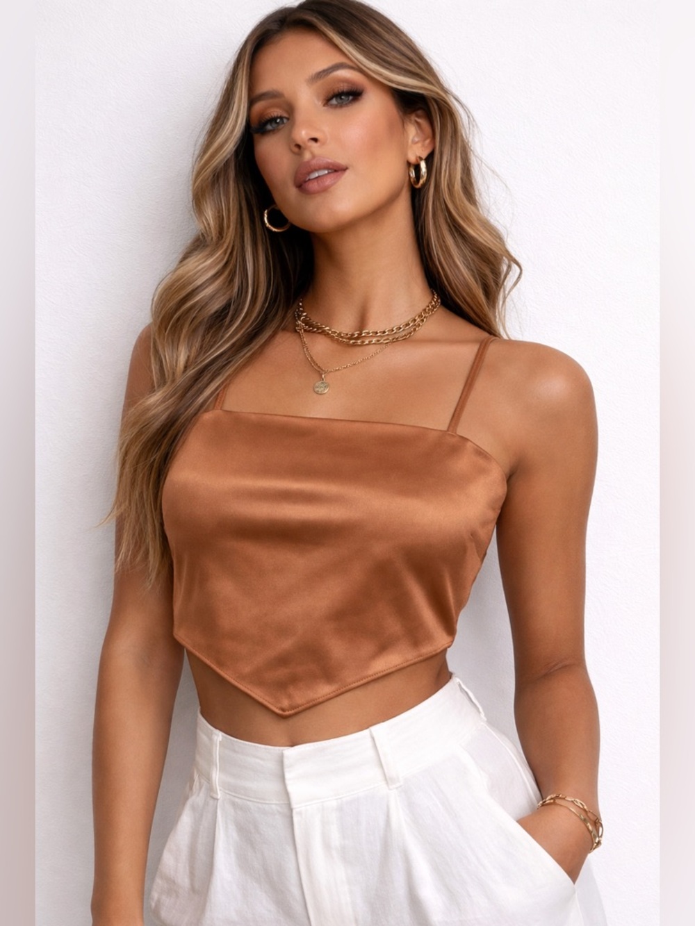 Forever 21 Copper Satin Point-Hem scarf Cami top